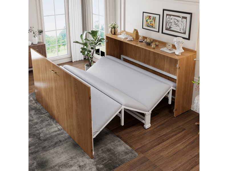  Lit escamotable 140x200 cm, lit d'appoint, cadre extensible sur roulettes, lin et métal  - Conforama A