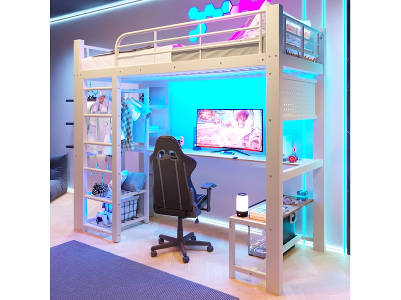  Lit mezzanine 90x200 cm avec éclairage led et bureau en métal blanc  - Conforama D