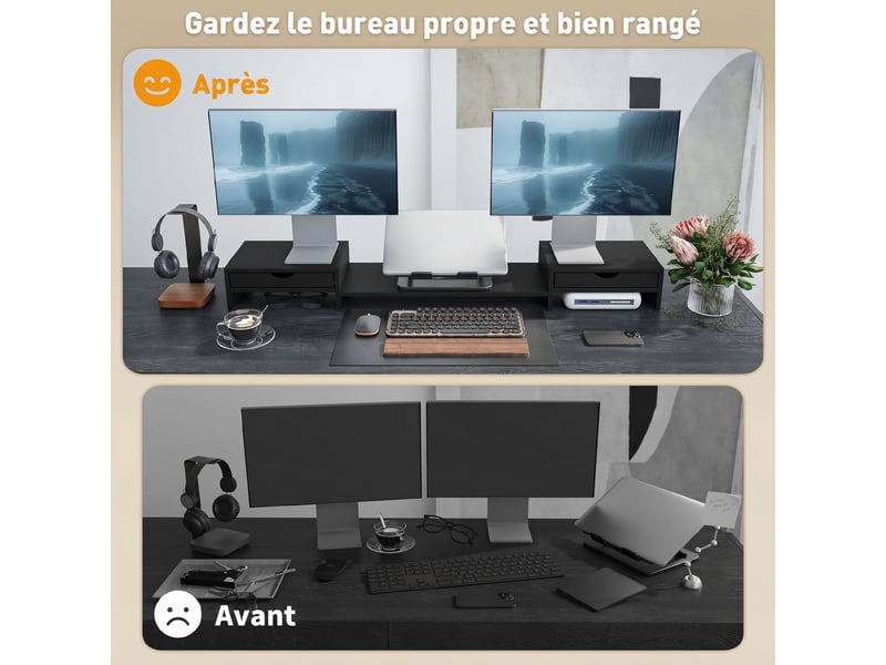  Rehausseur écran pc bureau, support d'écran d'ordinateur de avec 2 tiroirs, longueur et angle réglables noir 60-116 cm  - Conforama E