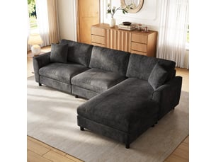 Canapé d'angle réversible 3 places avec méridienne large et assise à ressorts, chenille gris, 256×137×79 cm