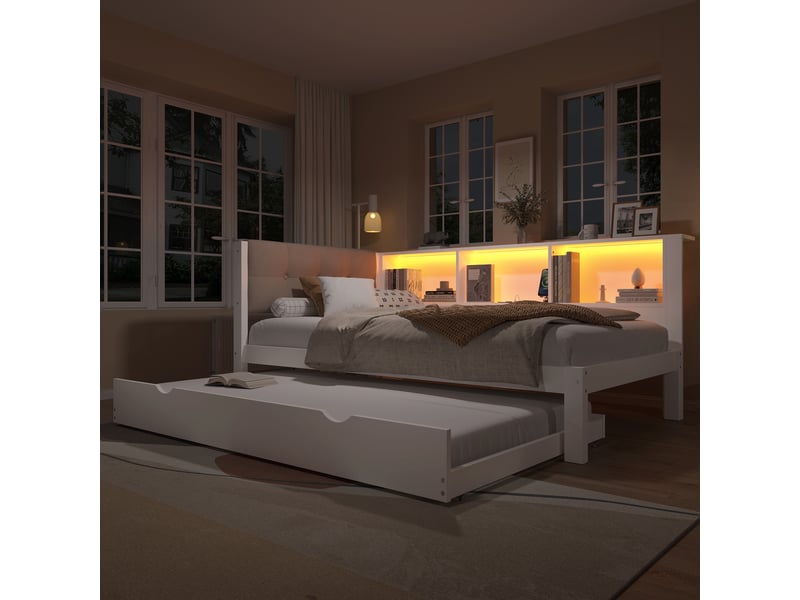  Canapé-lit 90x200 cm avec lit gigogne, lit simple avec bande lumineuse led et ports usb, blanc, lit enfant en pin  - Conforama C