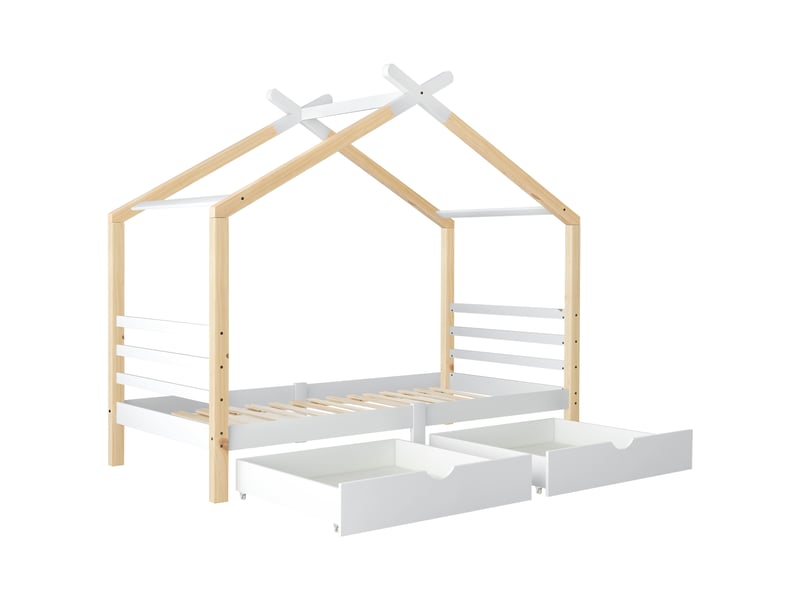  Lit cabane 90x200 cm en pin massif avec tiroirs et sommier à lattes - blanc et bois  - Conforama A