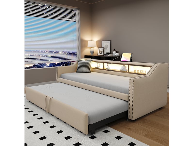  Modenvie canapé-lit gigogne 90x190180x190 cm - avec led, port usb et sommier inclus - beige  - Conforama D