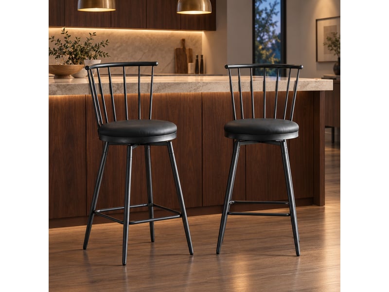 Tabouret de bar avec dossier windsor et assise rembourrée - lpospi - structure 4 pieds en métal, pu - noir - Conforama B
