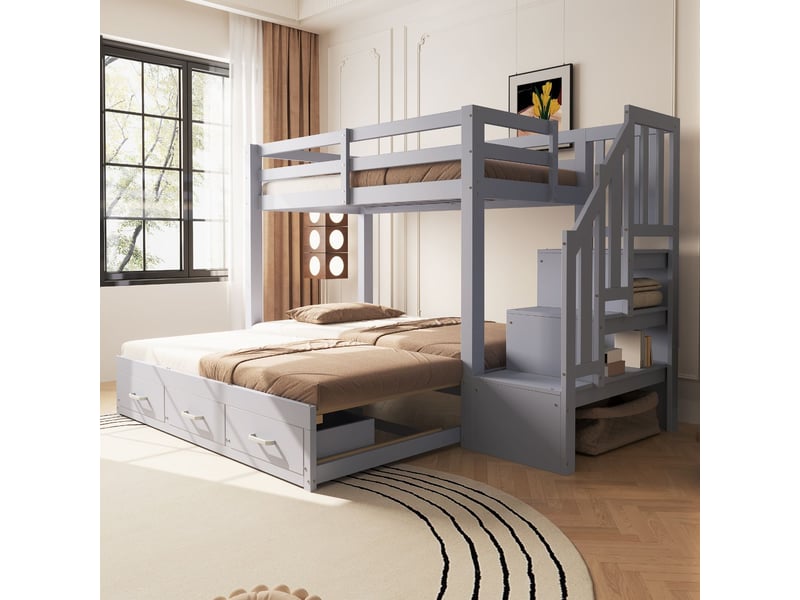  Lit superposé 90x200180x190cm escalier rangement - lit double - bois massif, lit extensible, 3 tiroirs, gris  - Conforama B