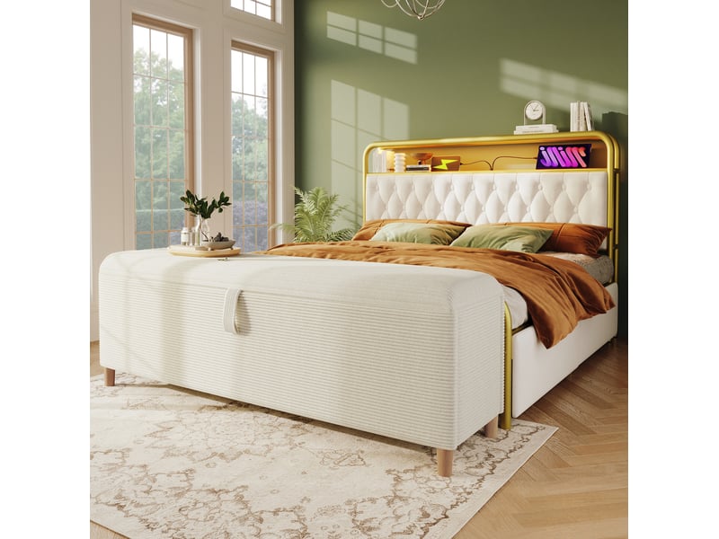  Banc de bout de lit avec rangement hydraulique 175x38x46 cm en velours côtelé beige  - Conforama D