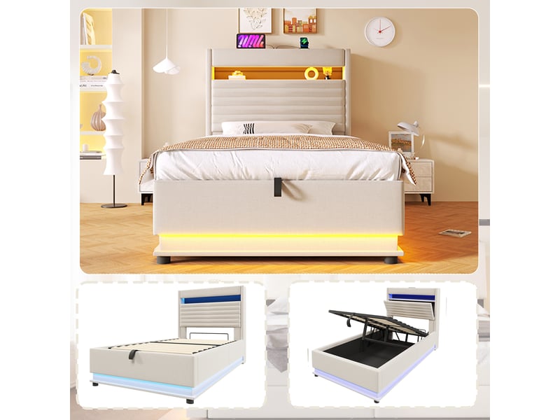  Lit coffre 90 x 200 cm avec rangement hydraulique, rangements intégrés, éclairage led, en lin – beige, matelas non inclus  - Conforama E