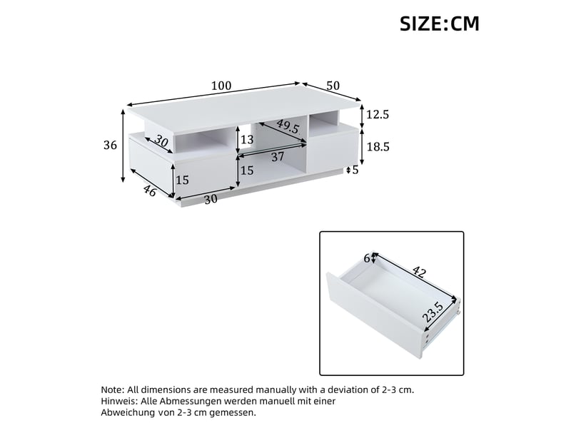  Table basse 100 x 50 x 36 cm avec 2 tiroirs, table d'appoint led laquée brillante, table basse avec espace de rangement ouvert, séparation en verre, table à thé, table console, table de salon, blanche  - Conforama C