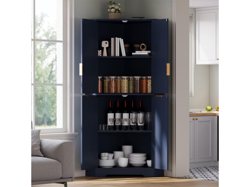 Buffet d'angle - 60x60x172cm - armoire colonne avec 4 portes cannelées ondulées, étagères réglables, anti-basculement - bleu - Conforama C