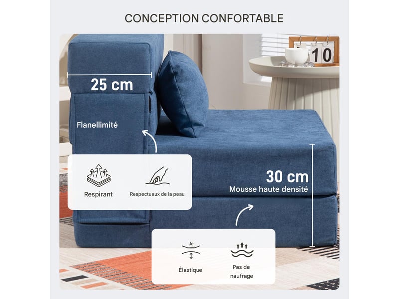  Chauffeuse convertible en mousse avec coussin bleu foncé 80 x 80 x 64 cm  - Conforama E