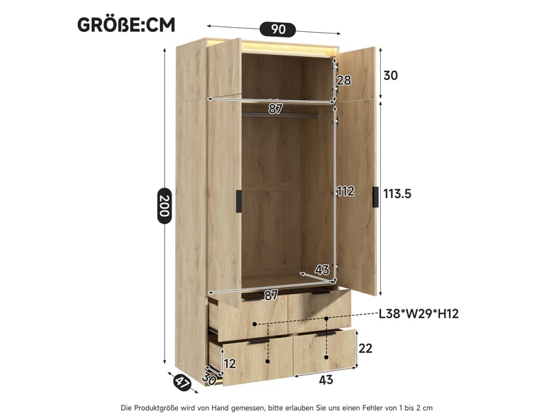  Armoire 2 portes avec miroir et led, 4 tiroirs et penderie en mdf bois clair 90 x 47 x 200 cm pour chambre  - Conforama C