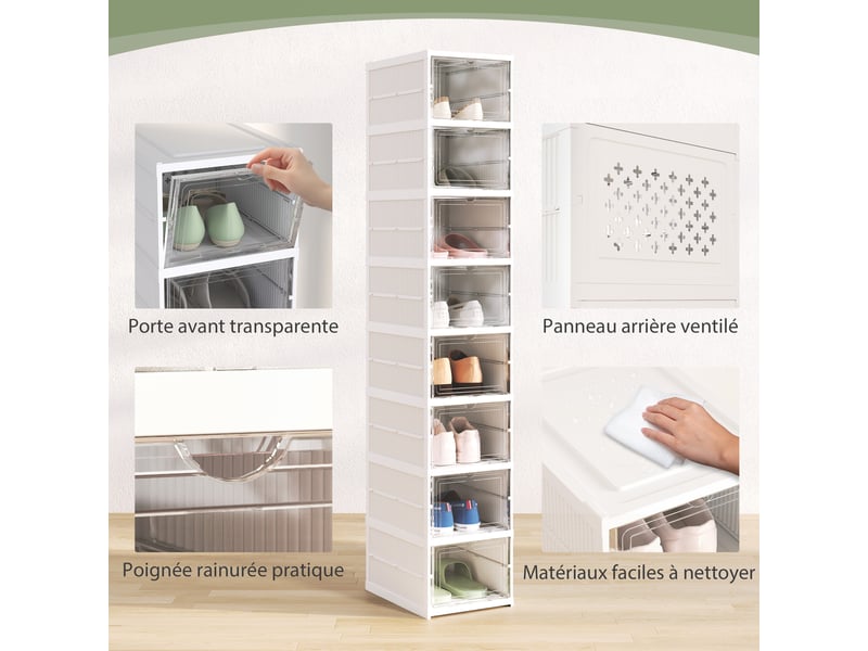  Lot de 8 boîtes à chaussures pliables et empilables en plastique blanc  - Conforama E