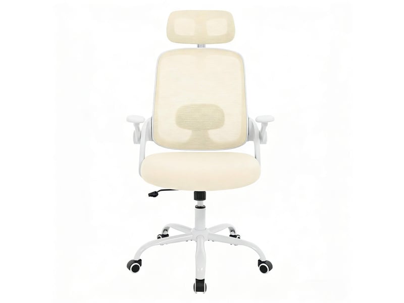  Chaise de bureau ergonomique beige à dossier haut, appui-tête et accoudoirs réglables, confort au travail  - Conforama A