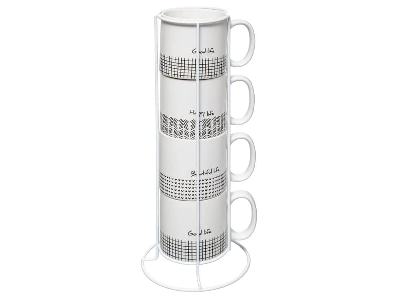  Lot de 4 mugs &amp; rack design life 24cl blanc  - Conforama A