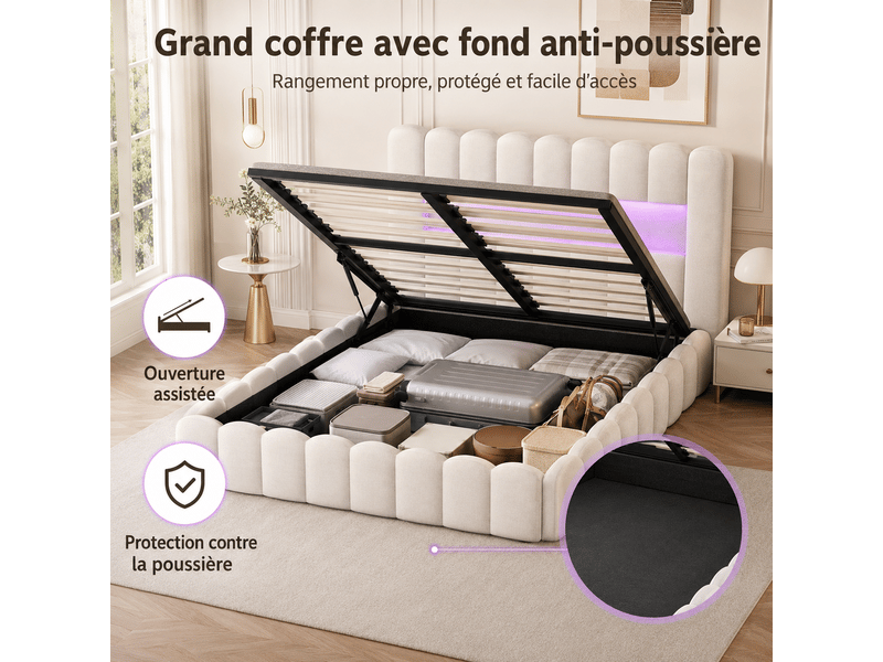  Lit coffre 160x200cm avec rangement et sommier à lattes -  lit bubble 2 personnes - cadre de lit - lit rembourré lit double hydraulique avec éclairage led port usb rangement et sommier à latte - tissu en lin - chambre adulteado …  - Conforama D