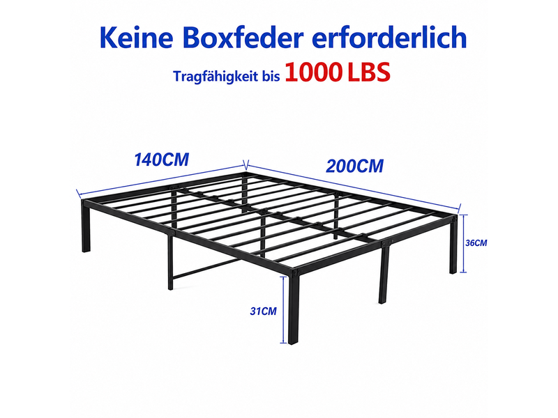  Cadre de lit 140x200 cm, sommier à lattes métalliques, rangement sous lit 31 cm, silencieux, tête de lit, charge 200 kg - noir  - Conforama E