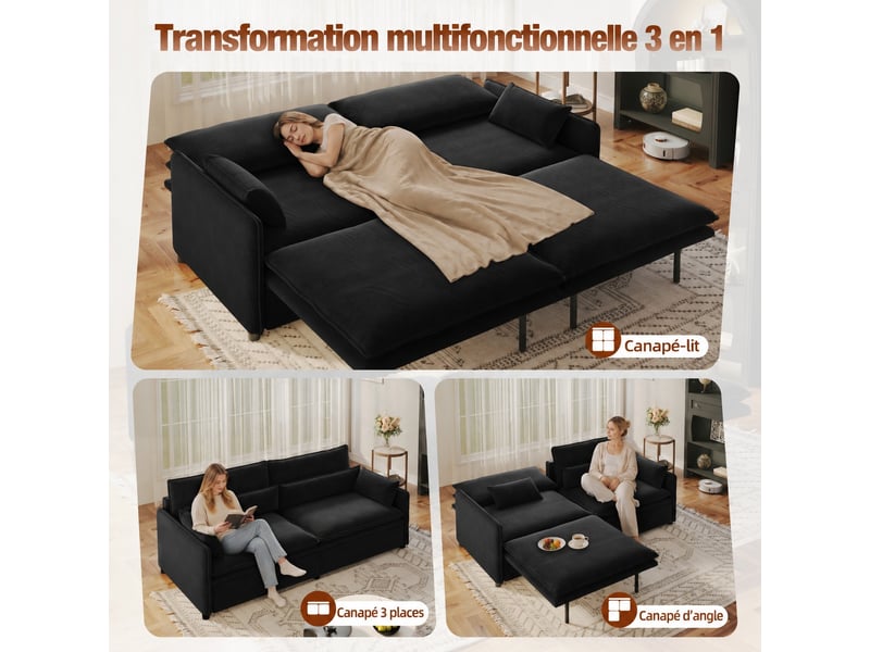  Canapé-lit 3 places convertible avec coffre de rangement, dossier réglable et coussins mobiles - noir - 206 x 91 x 86 cm  - Conforama D