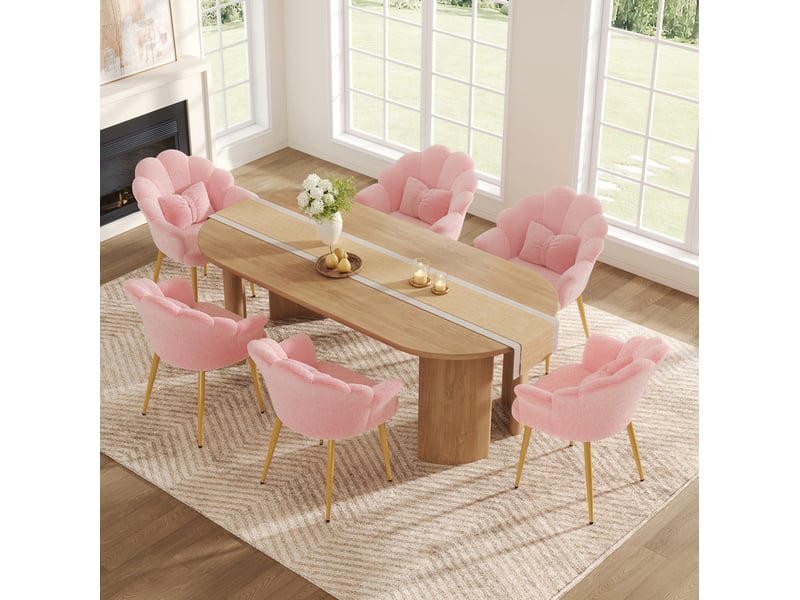 Lot de 6 fauteuils 64x65,5x85 cm, dossier pétale, accoudoirs, coussins, pieds en fer doré, tissu bouclette rose - Conforama B
