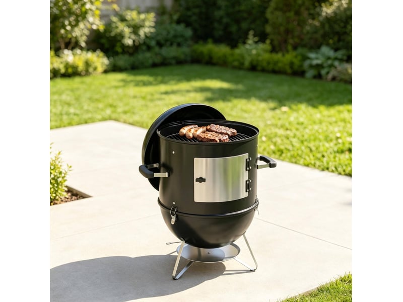  Barbecue fumoir 3-en-1 noir en métal, thermomètre intégré et ventilation réglable, 3 grilles de cuisson  - Conforama E
