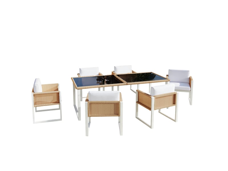  Salon de jardin,170x80x75 cm,6 places avec table,rotin pe,marron et blanc  - Conforama D