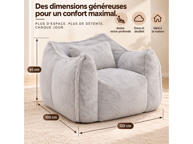  Fauteuil pouf paresseux en fausse fourrure, sans montage, rempli de mousse déchiquetée haute densité, design ergonomique,gris  - Conforama B