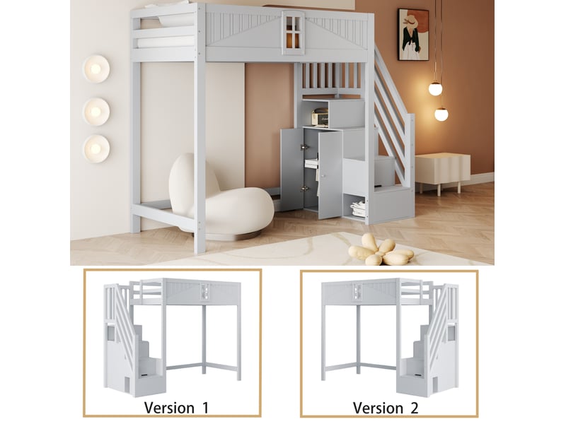  Lit mezzanine enfant 90x200 cm – gris – échelle réversible avec rangement et fenêtre sécurisée – sans matelas  - Conforama E