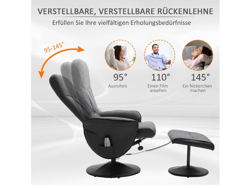 Fauteuil relax massant pivotant avec pouf, dossier inclinable et rangement, en cuir reconstitué noir - Conforama E