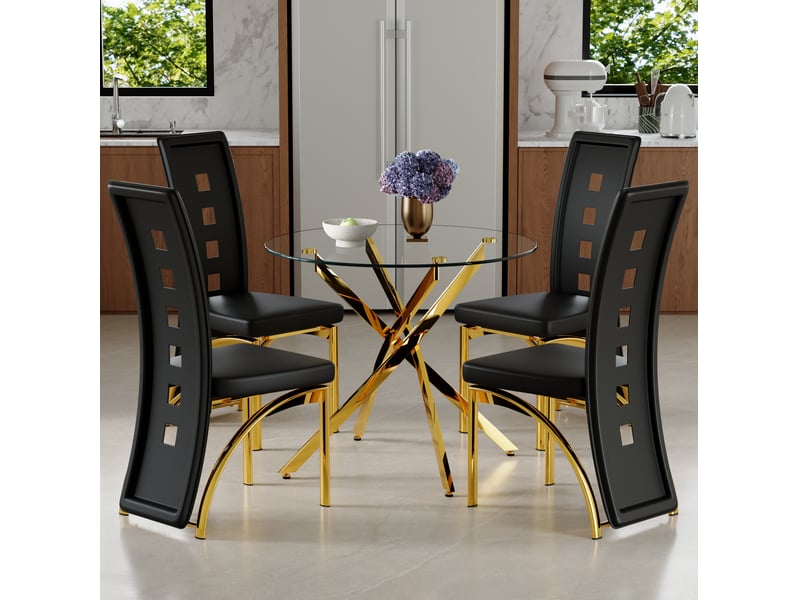  Ensemble table et 4 chaises de salle à manger, verre trempé et cuir régénéré noir, structure dorée moderne  - Conforama E