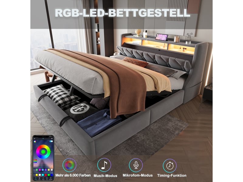 Lit double coffre 180x200 cm - lit coffre avec rangement hydraulique - tête de lit led, usb & type-c - gris - Conforama D