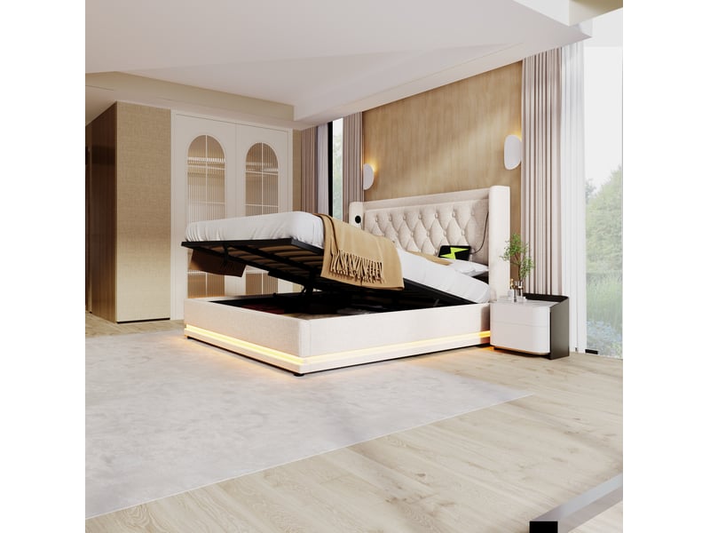  Lit double 160 x 200 cm beige en coton avec rangement hydraulique, led et matelas  - Conforama B