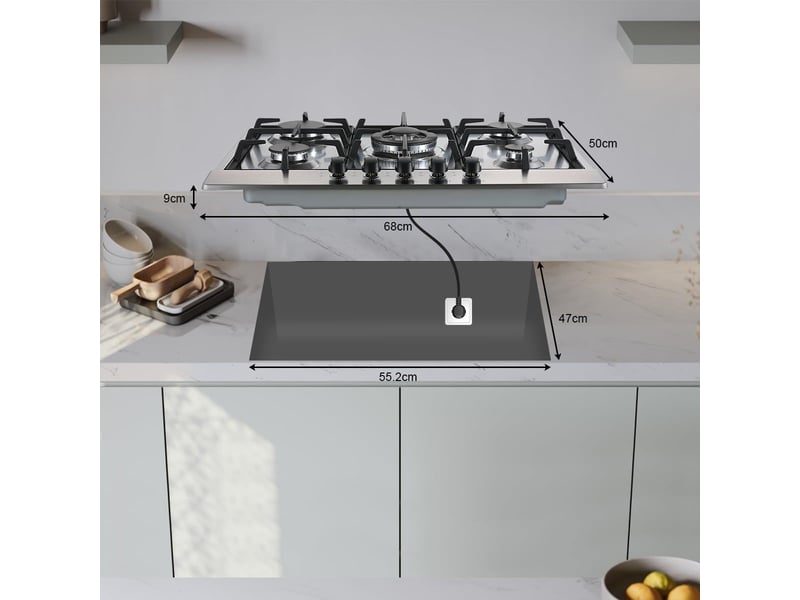  Plaque de cuisson gaz 5 feux en inox 68 cm, 10460 w, encastrable ou indépendante, double brûleur wok, gaz naturel et propane  - Conforama C