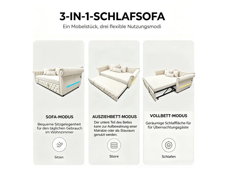 Canapé-lit 3 en 1 capitonné 90x200cm,lit gigogne extensible en 180cm,usb et éclairage led,finition cloutée,velours,sans matelas,beige - Conforama E