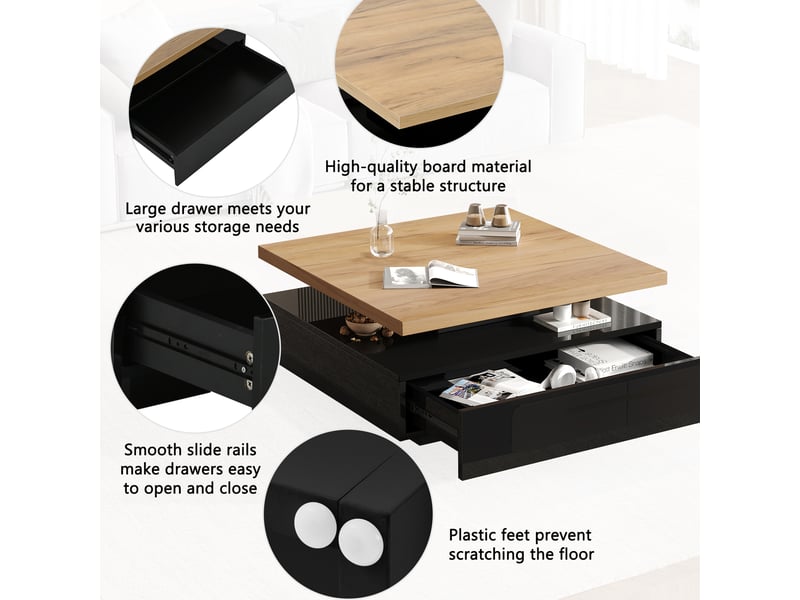  Table basse pivotante 360° avec tiroir et espace ouvert pour salon 70×70×36 cm en panneaux de particules noyer noir  - Conforama C