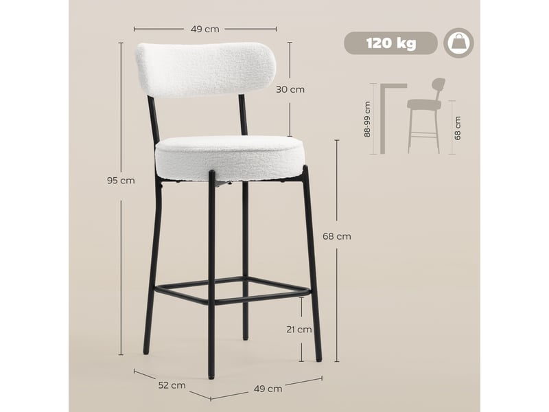  Lot de 2 tabourets de bar en tissu bouclette, chaises de bar avec dossier courbé, repose-pieds, 49x52x95cm, crème  - Conforama E