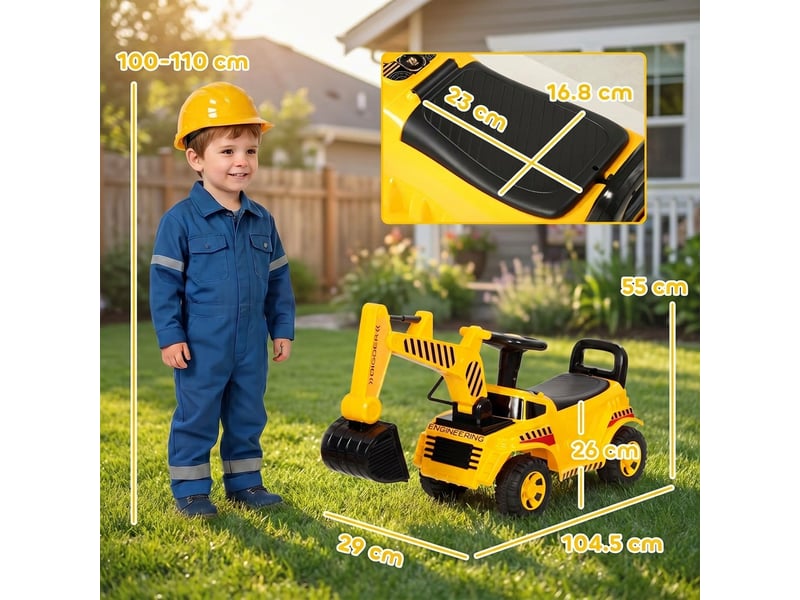  Trotteur porteur tractopelle pelleteuse avec casque et klaxon jaune noir  - Conforama C