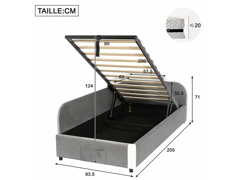  Lit coffre enfant une place avec rangement hydraulique, barrière rembourrée et poche, 90x200 cm, sans matelas  - Conforama D