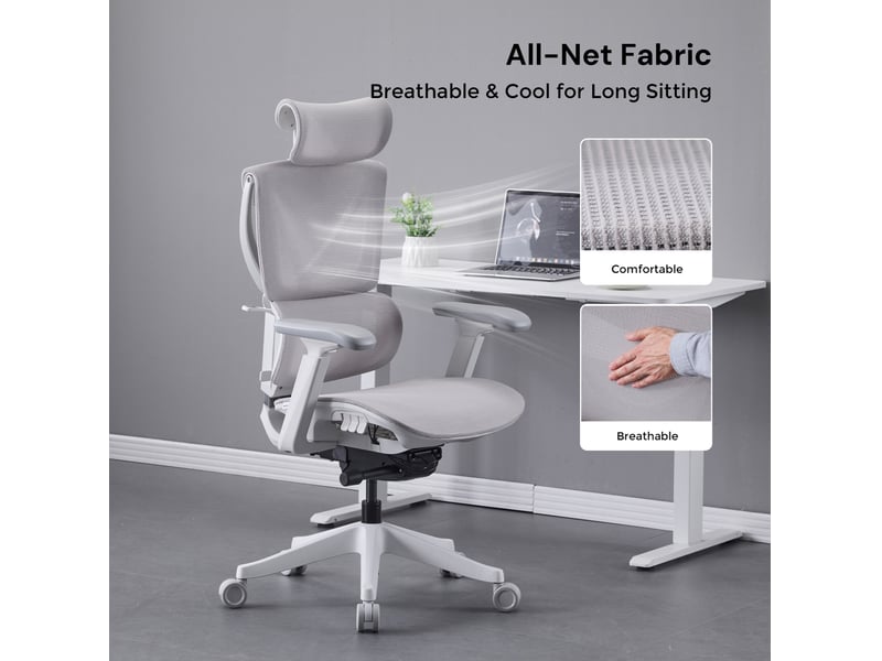  Chaise de bureau ergonomique grise en maille, réglage à trois boutons et soutien lombaire pour travail quotidien  - Conforama D