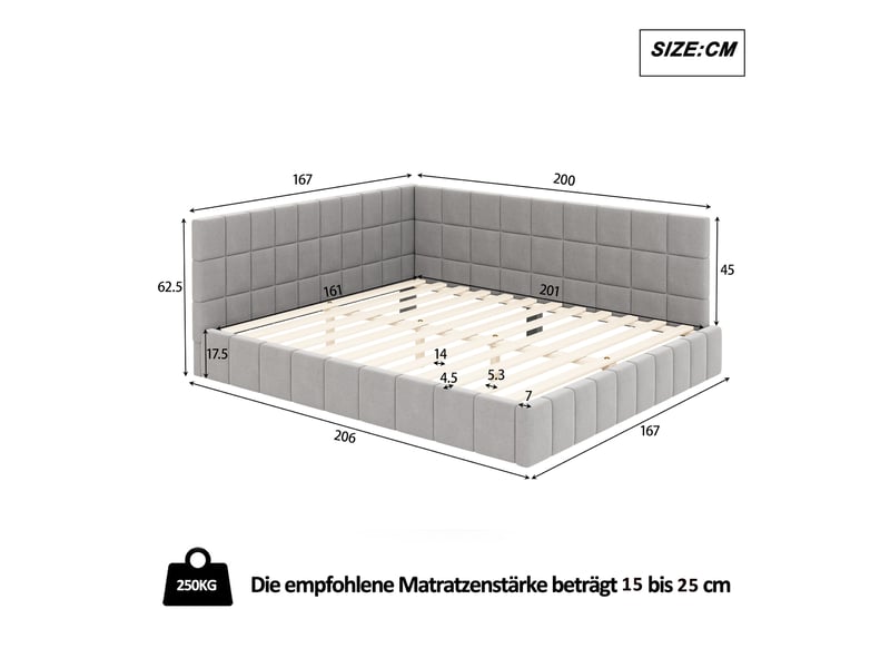  Lit capitonné et canapé-lit 160x200 cm en velours gris, multifonctionnel avec lattes, sans matelas  - Conforama B
