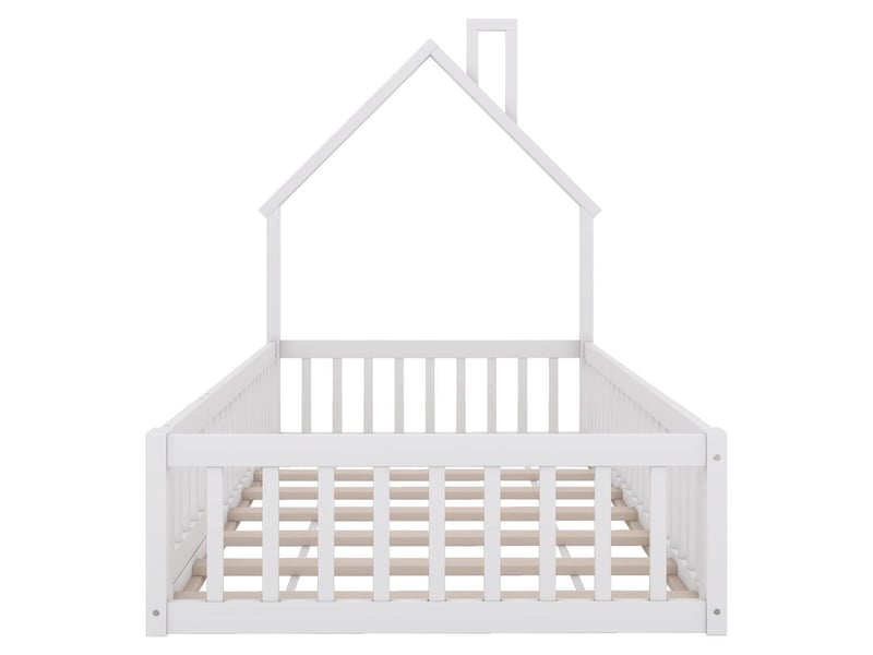 Lit enfant 90x200cm, lit cabane bois forme cheminée, barrières sécurité, sommier lattes, blanc - Conforama W