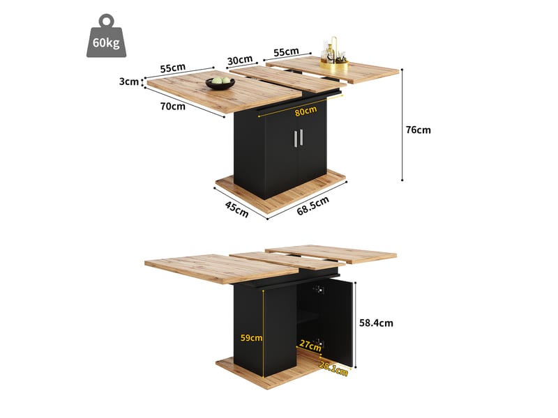  Table à manger rectangulaire extensible 110-140 x 70 cm avec rangement 3 niveaux, façade ondulée, étagères réglables, naturel et noir, moderne  - Conforama E
