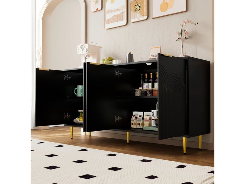  Buffet noir 4 portes commode salon 160 cm en mdf avec poignées dorées brossées  - Conforama B