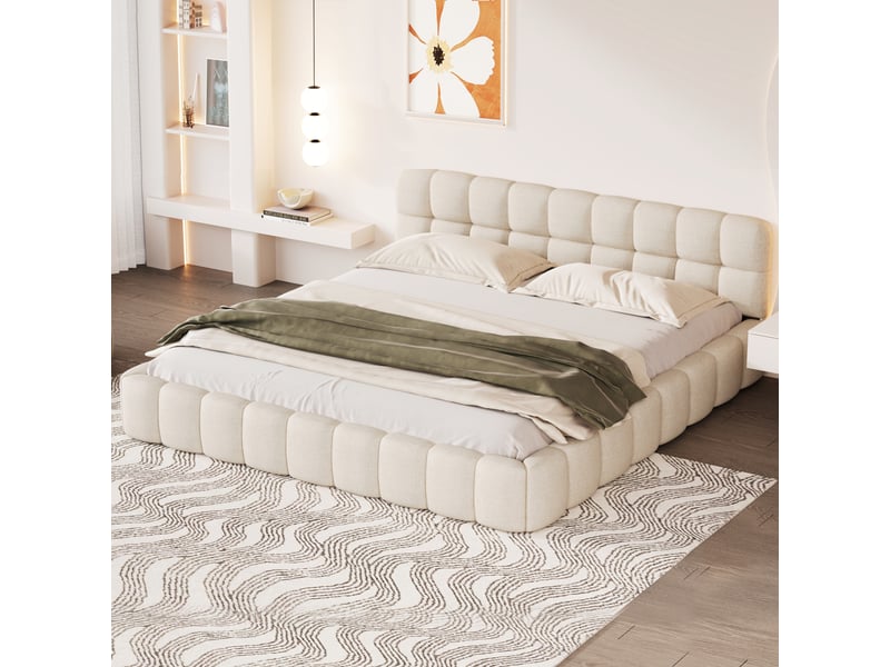  Lit adulte 160x200 à sommier à lattes, tête de lit capitonnée, cadre de lit rembourré en tissu lin, lit double design bulle, lit chambre sans matelas  - Conforama B