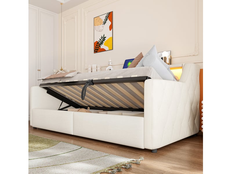  Lit banquette 90x200 cm équipé de bande led, levage hydraulique, mdf, beige, matelas non fourni  - Conforama E