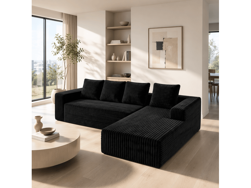 Canapé d’angle tcqpz modulable 4 places 261 x 171 x 58 cm avec méridienne à gauche velours côtelé noir - Conforama E