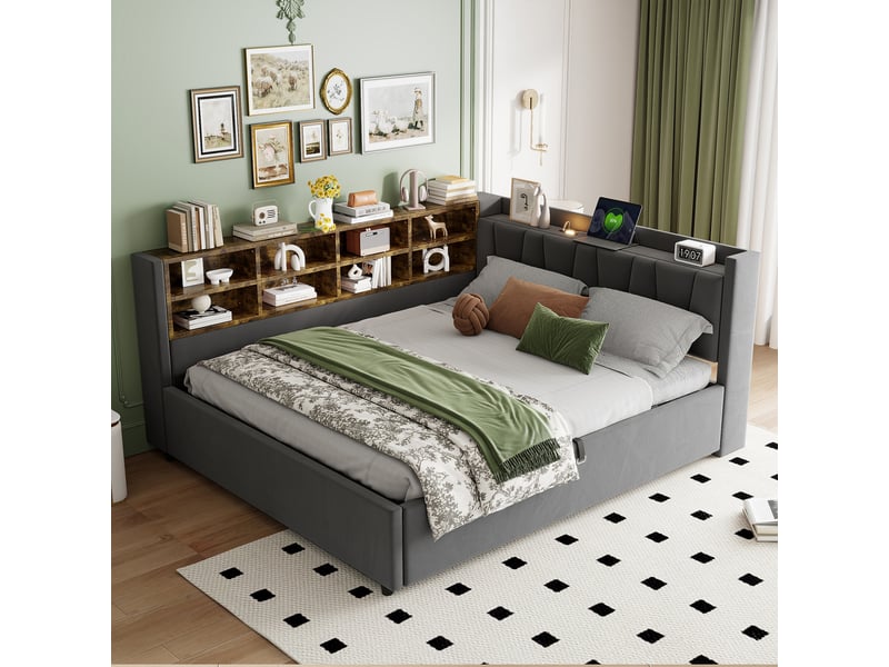  Canapé-lit rembourré 140x200 cm avec usb + type-c, lit coffre, tête de lit capitonnée, velours, gris Lucky Furniture de - Conforama B