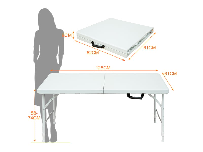  Table pliante portable 125 x 61 cm blanche, hauteur réglable 58-74 cm, avec poignée, pour intérieur et extérieur  - Conforama C