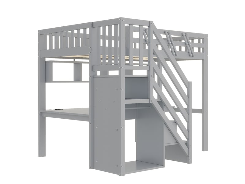  Lit mezzanine 90x200 avec bureau, lit enfant en bois massif gris avec escalier de rangement et led, 205x143,5x170 cm  - Conforama W