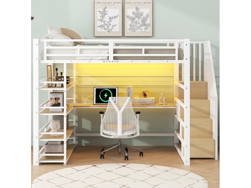  Lit mezzanine 140x200 cm avec escalier, bureau intégré, led et usb blanc  - Conforama D