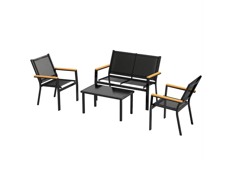  Salon de jardin extérieur 4 pcs avec canapé 2 pl. 2 chaises et table basse en verre trempé, noir  - Conforama A