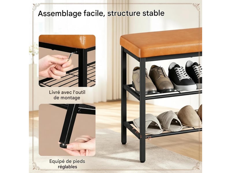 Banc à chaussures avec assise 3 compartiments métal marron et noir 80 x 30 x 50 cm T5828P513916 - Conforama D